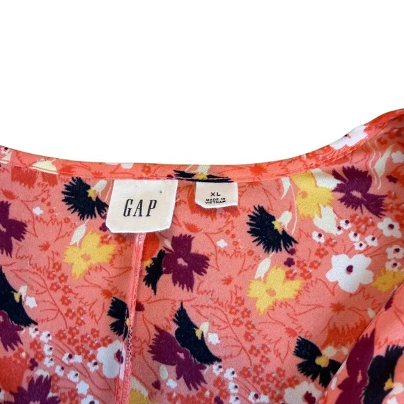 GAP Womens XL Coral Pink Floral Peplum Blouse Short Sleeve Tie Neck Top - Picture 2 of 3
